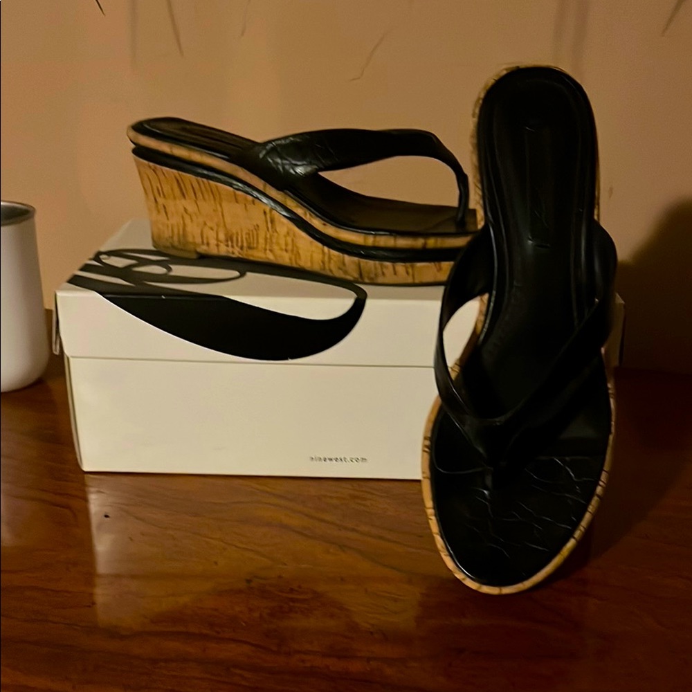 Nine West Black Wedge Sandals with Cork Heel